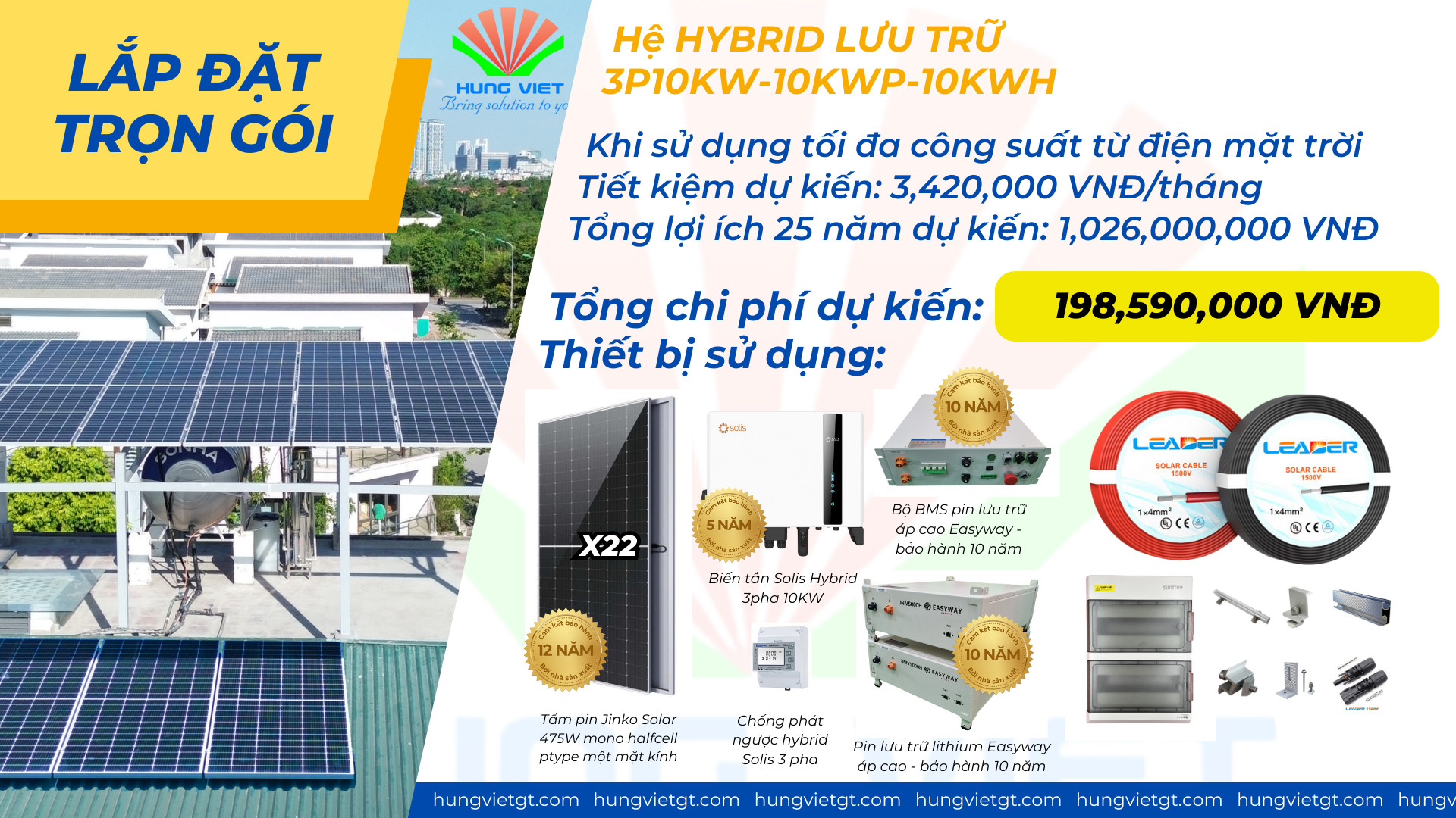 Combo lắp đặt trọn gói điện mặt trời hybrid 3P 10Kw lưu trữ 10kwh
