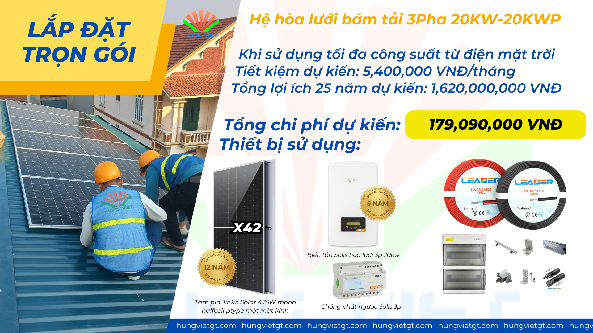 Combo lắp đặt trọn gói điện mặt trời 3P 20Kw hệ gia đình